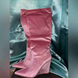 Fashion Nova Pink Satin Wedge Boots